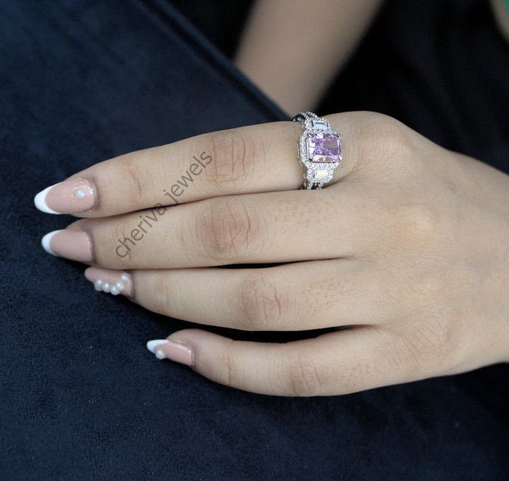 Purple Sapphire Promise Ring in Baguette Cut Diamond