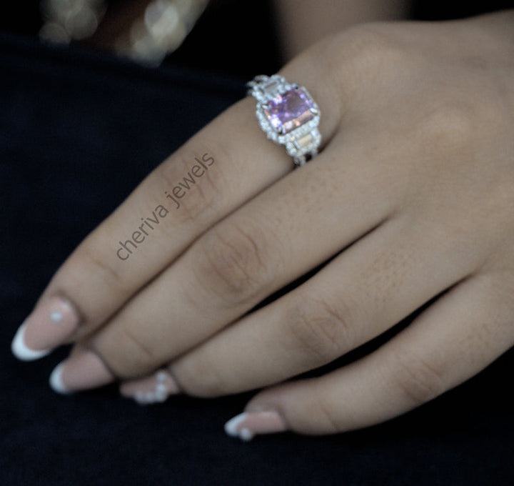 Purple Sapphire Promise Ring in Baguette Cut Diamond