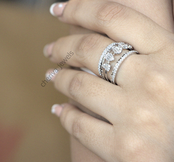 Pear Diamond Halo Border Ring