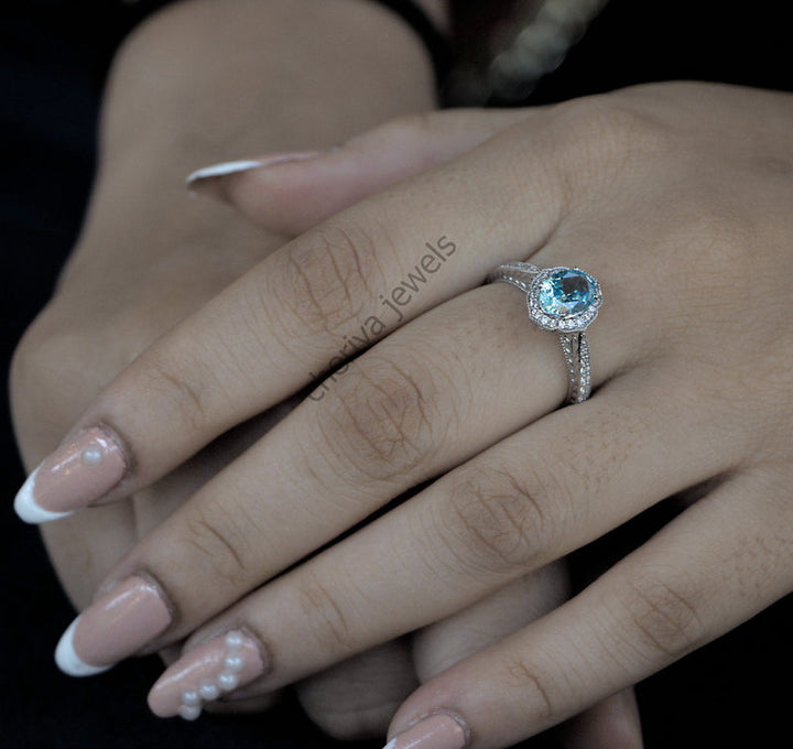 Royal Blue Round Cut Halo Engagement Ring
