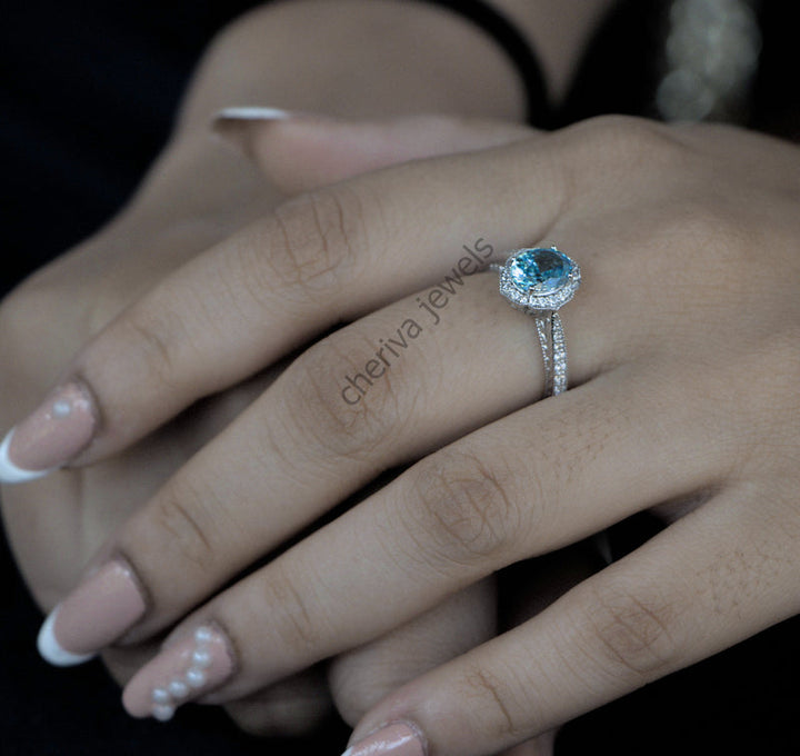 Royal Blue Round Cut Halo Engagement Ring