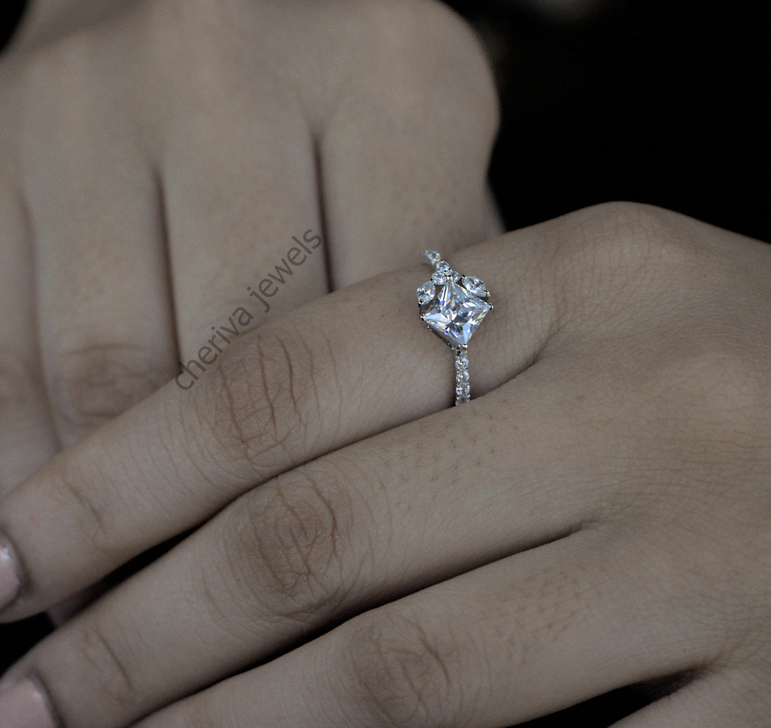 Unique Princess Cut Lab Diamond Engagement Ring