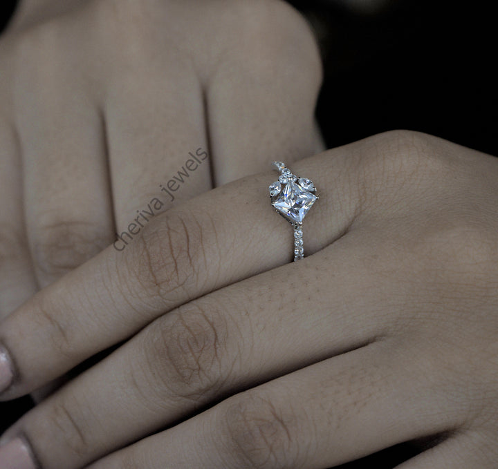 Unique Princess Cut Lab Diamond Engagement Ring
