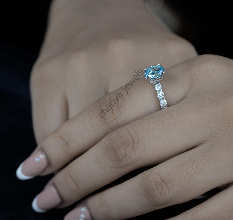 Blue Oval Cut Lab Diamond Solitaire Engagement Ring