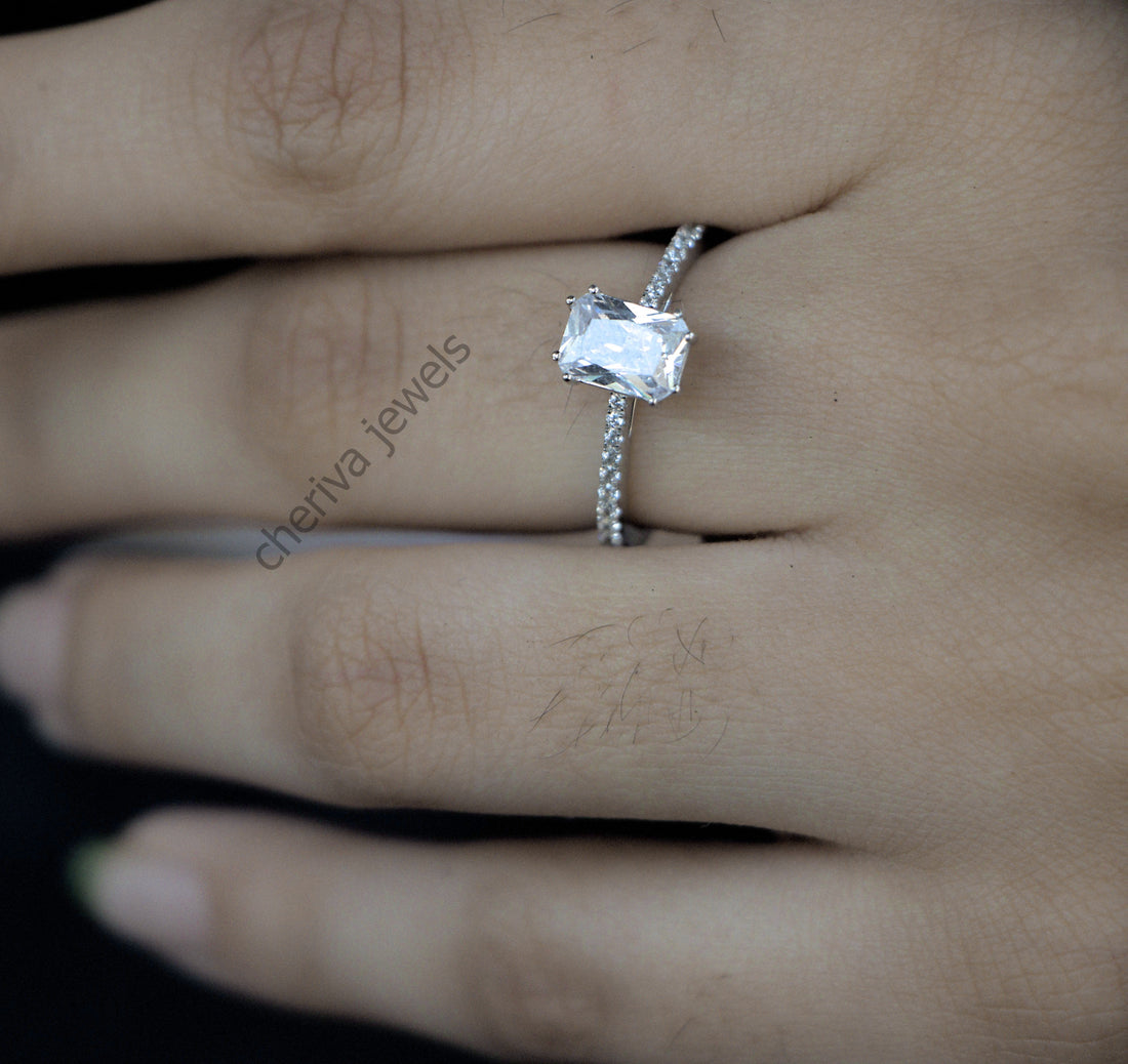 Emerald Cut Lab Diamond Solitaire Accent Engagement Ring