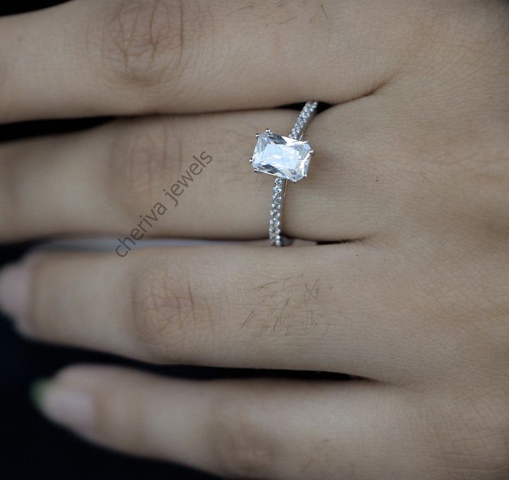Emerald Cut Lab Diamond Solitaire Accent Engagement Ring