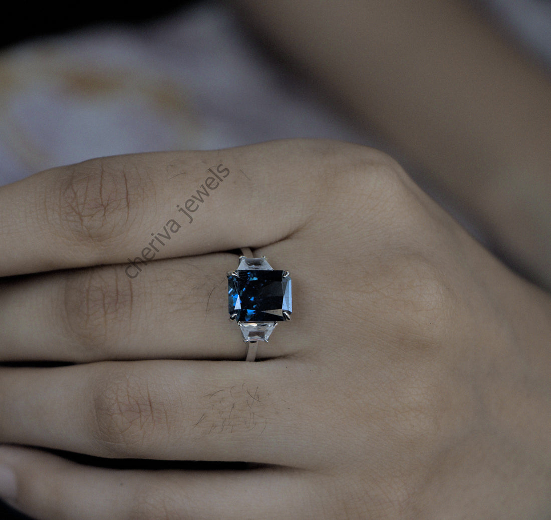 Royal Blue Baguette Cut Lab Diamond Promise Ring