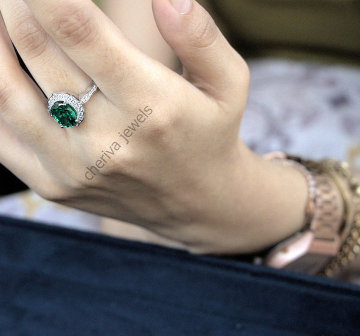 Green Gemstone Halo Engagement Ring