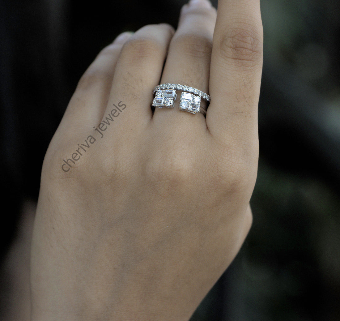 Emerald Cut Lab Diamond Bridal Set Engagement Ring
