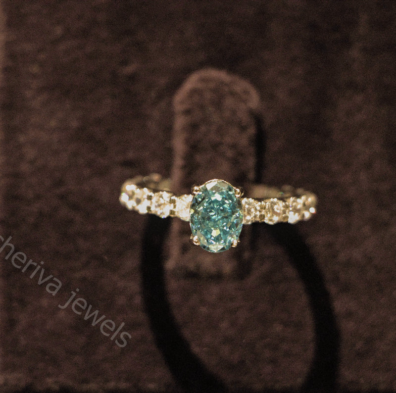Blue Oval Cut Lab Diamond Solitaire Engagement Ring
