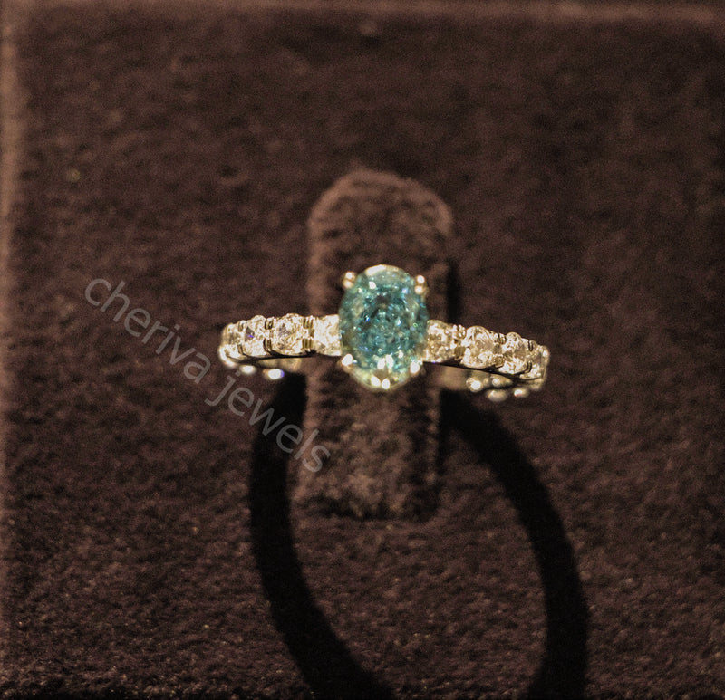 Blue Oval Cut Lab Diamond Solitaire Engagement Ring