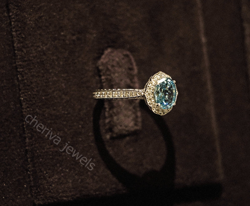 Royal Blue Round Cut Halo Engagement Ring