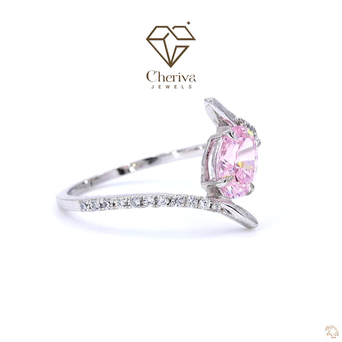 Silver ring with a pink gemstone and 'Cheriva Jewels' logo on a white background