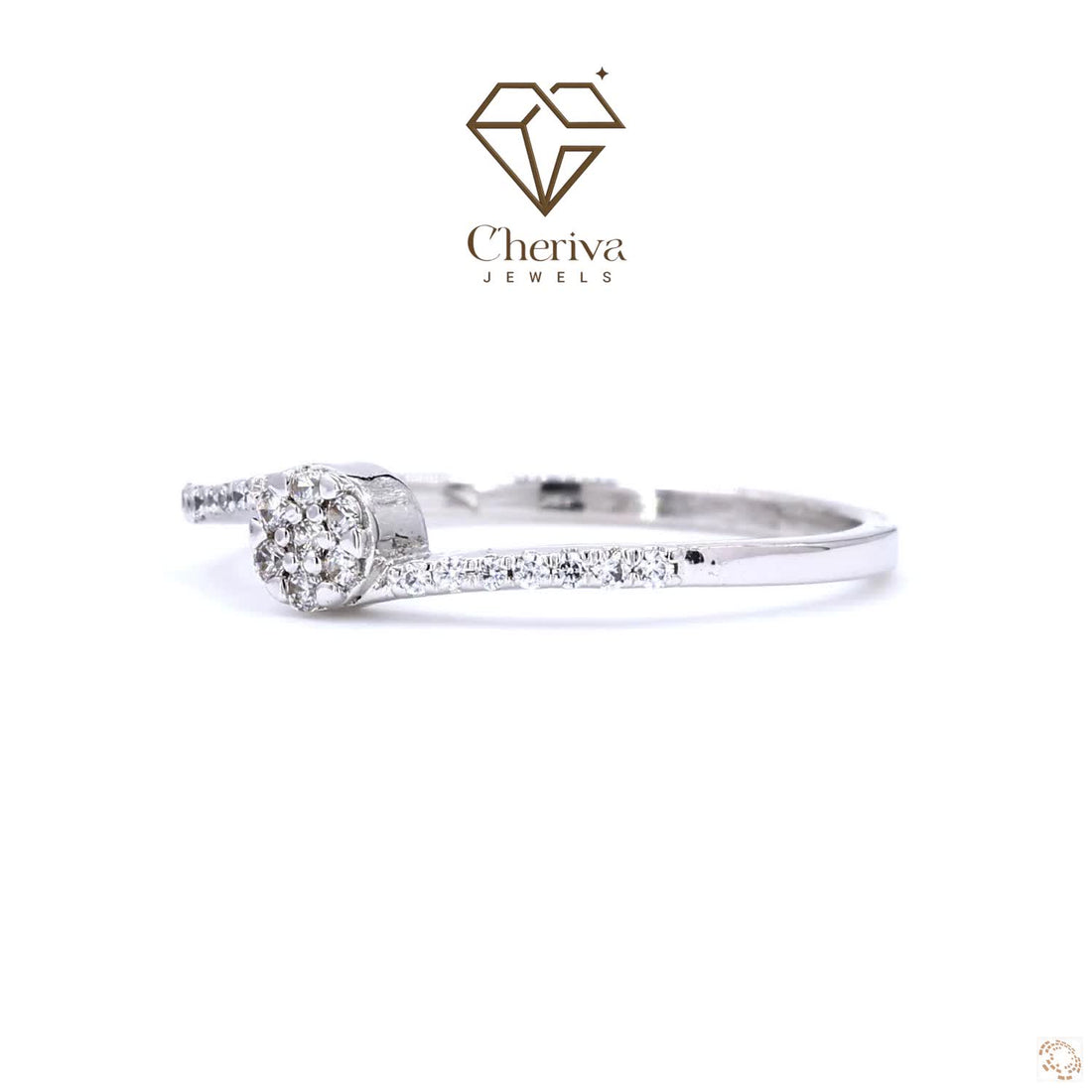 Silver ring with diamond accents on a white background, featuring the Cheriva Jewels logo.