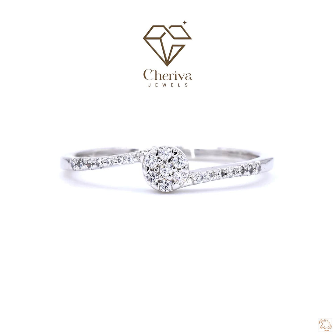 Silver ring with diamonds on a white background, featuring the Cheriva Jewels logo.