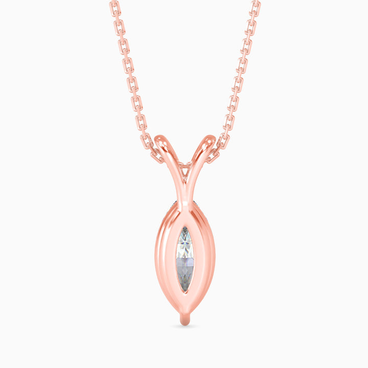Rose gold necklace with a marquise-shaped diamond pendant on a white background