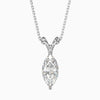 A marquise cut diamond pendant with a colorless stone set in a white gold chain.