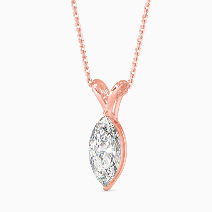Rose gold necklace with a marquise-shaped diamond pendant on a white background