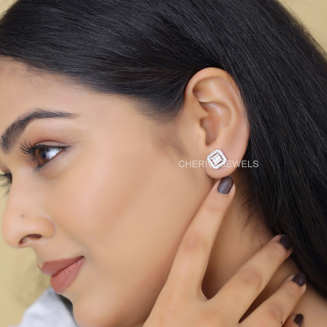 Baguette Cut Lab Diamond Halo Stud Earring