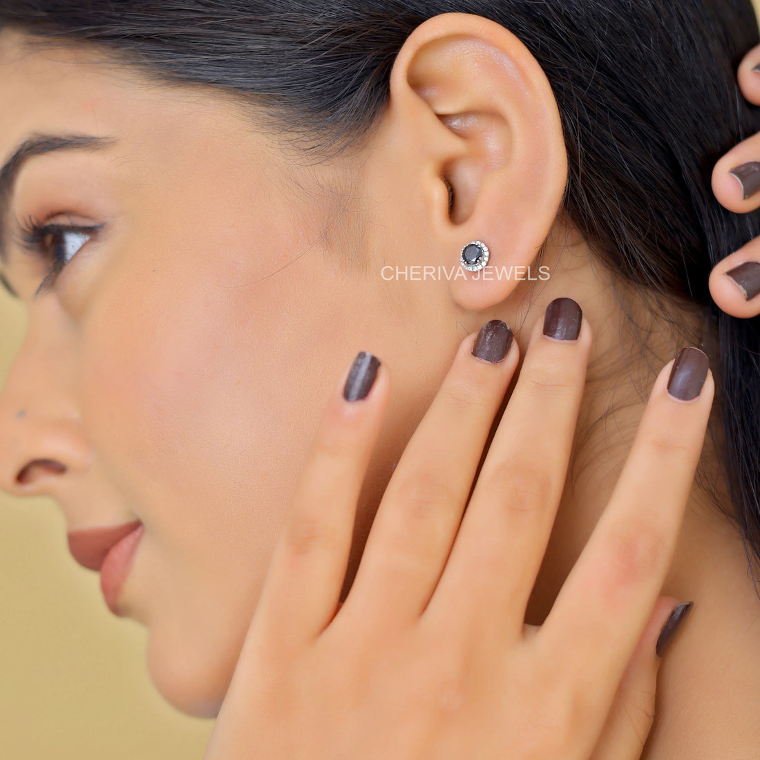 Round Cut Black Diamond Stud Earrings