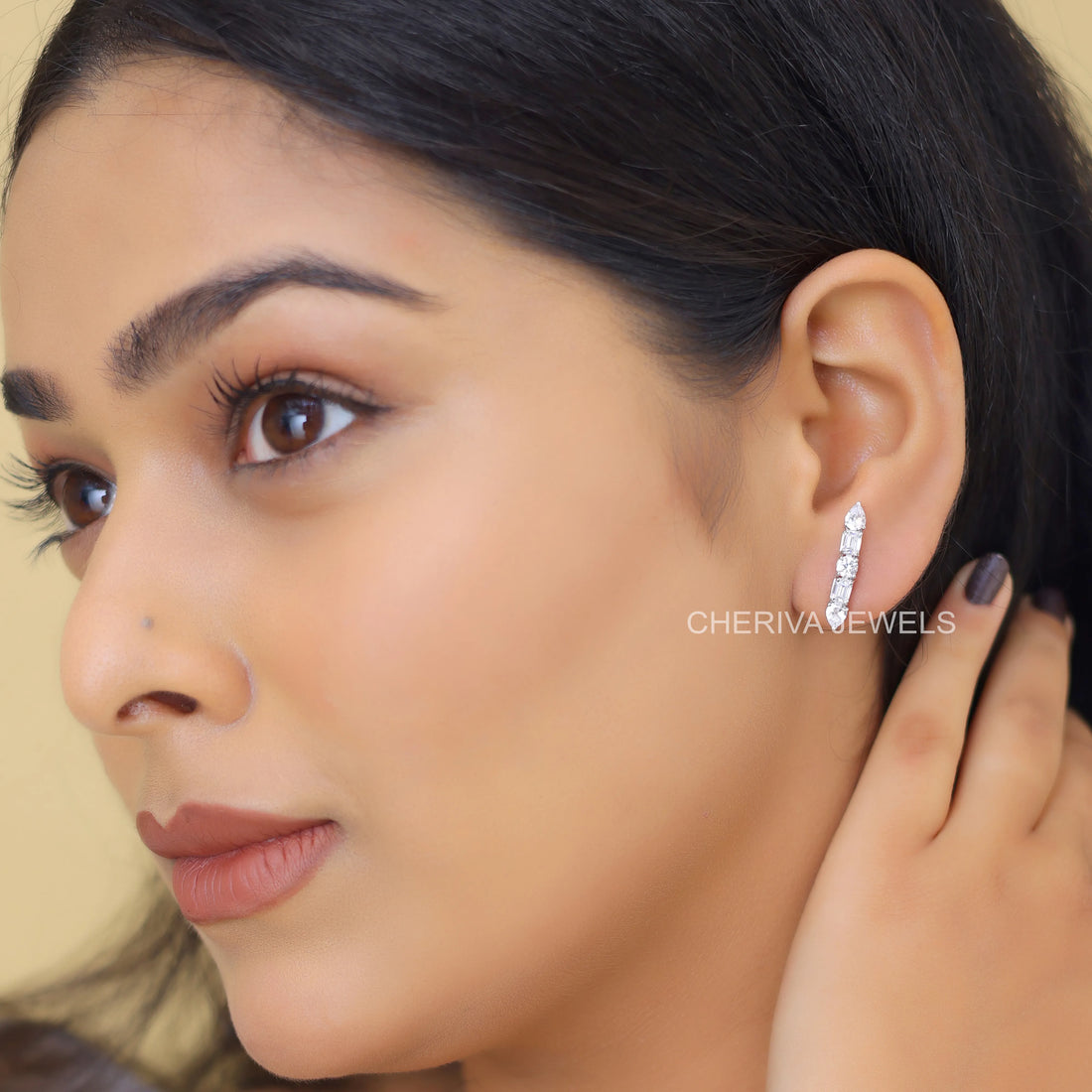 Emerald Round and Pear Diamond Stud Earrings