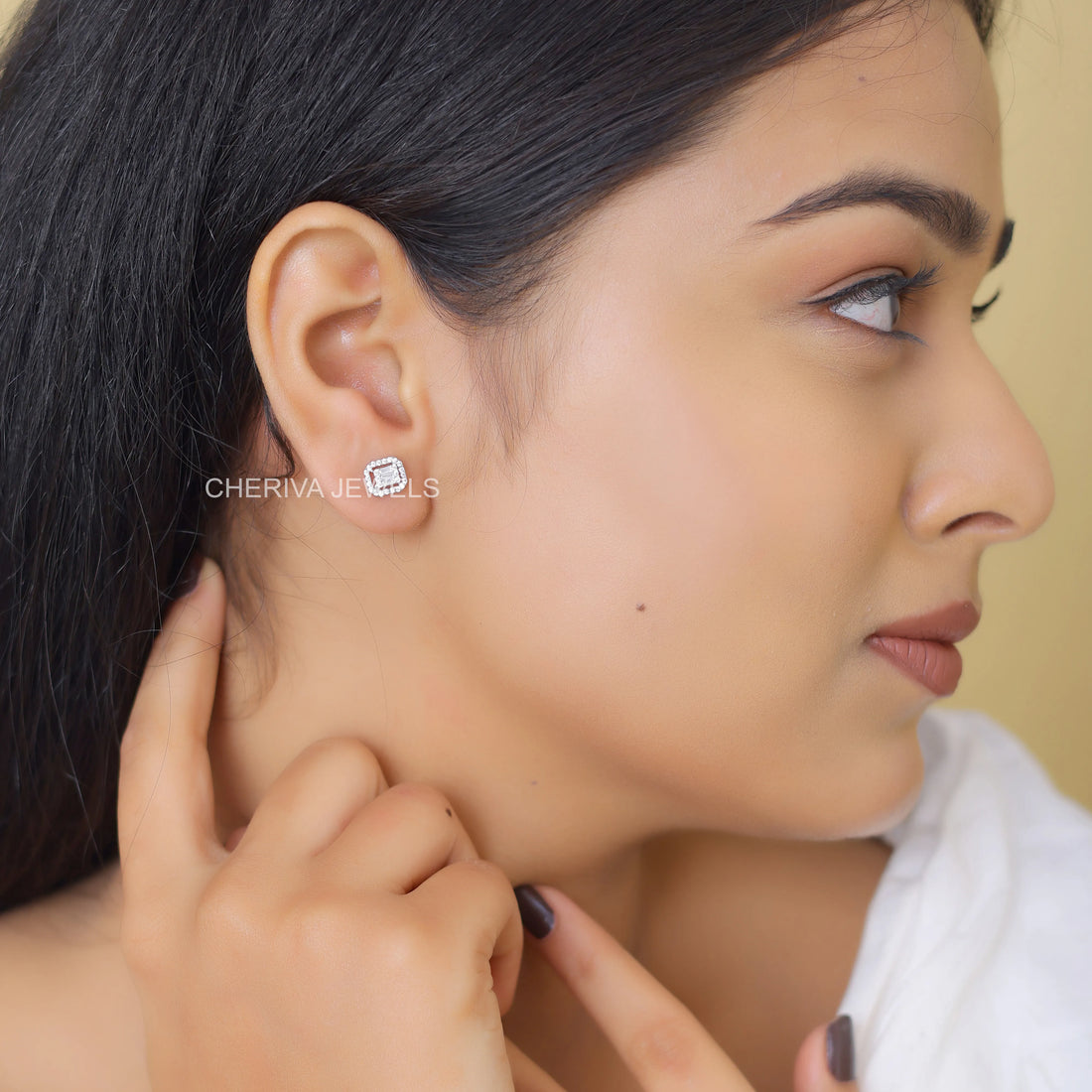 Baguette and Round Diamond Halo Stud Earrings