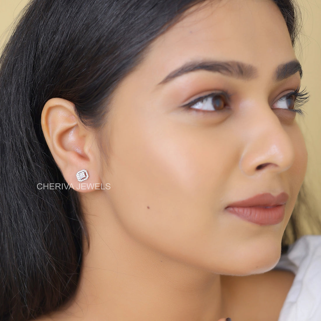 Baguette and Round Diamond Halo Stud Earrings