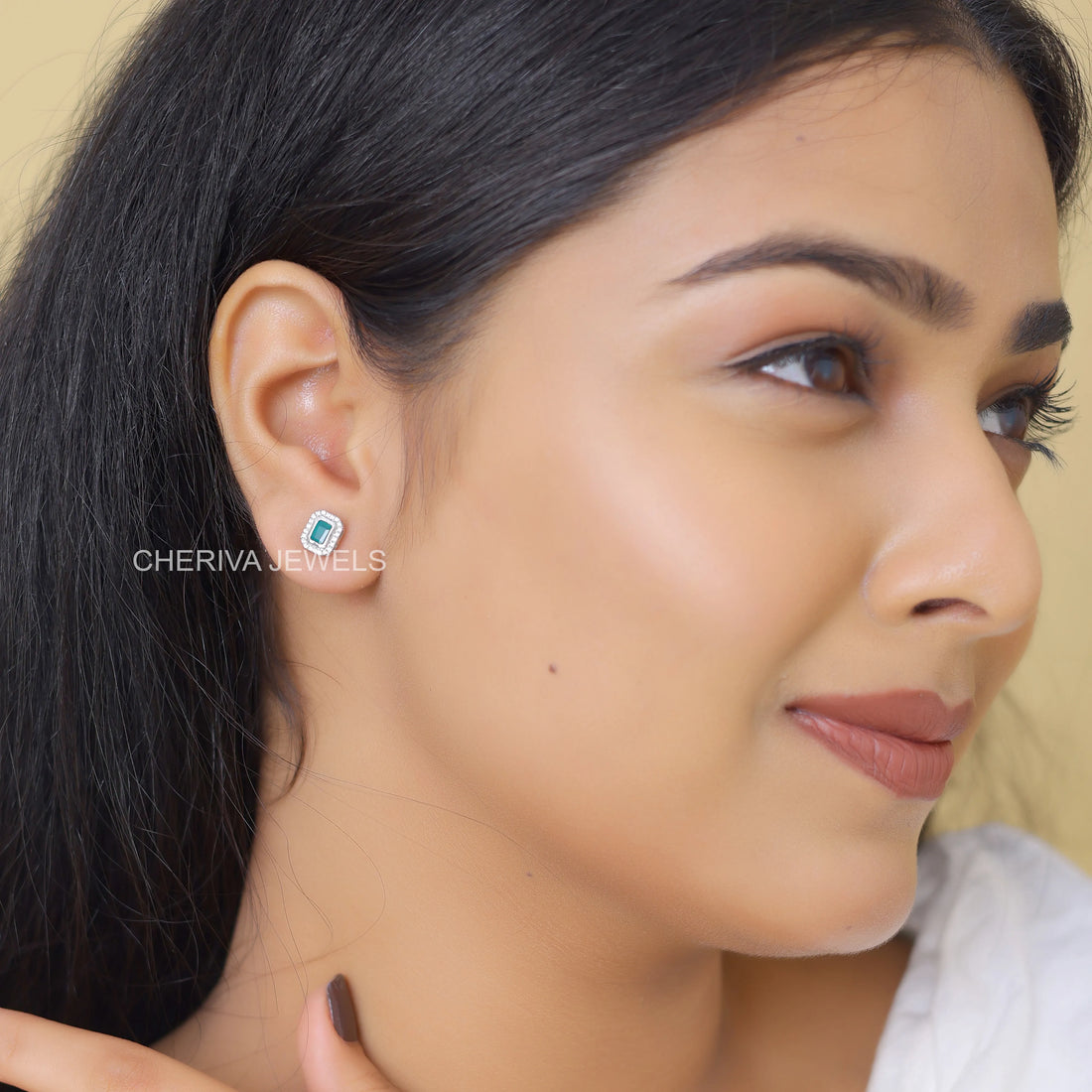 Green Emerald Gemstone Round Diamond Halo Stud Earring