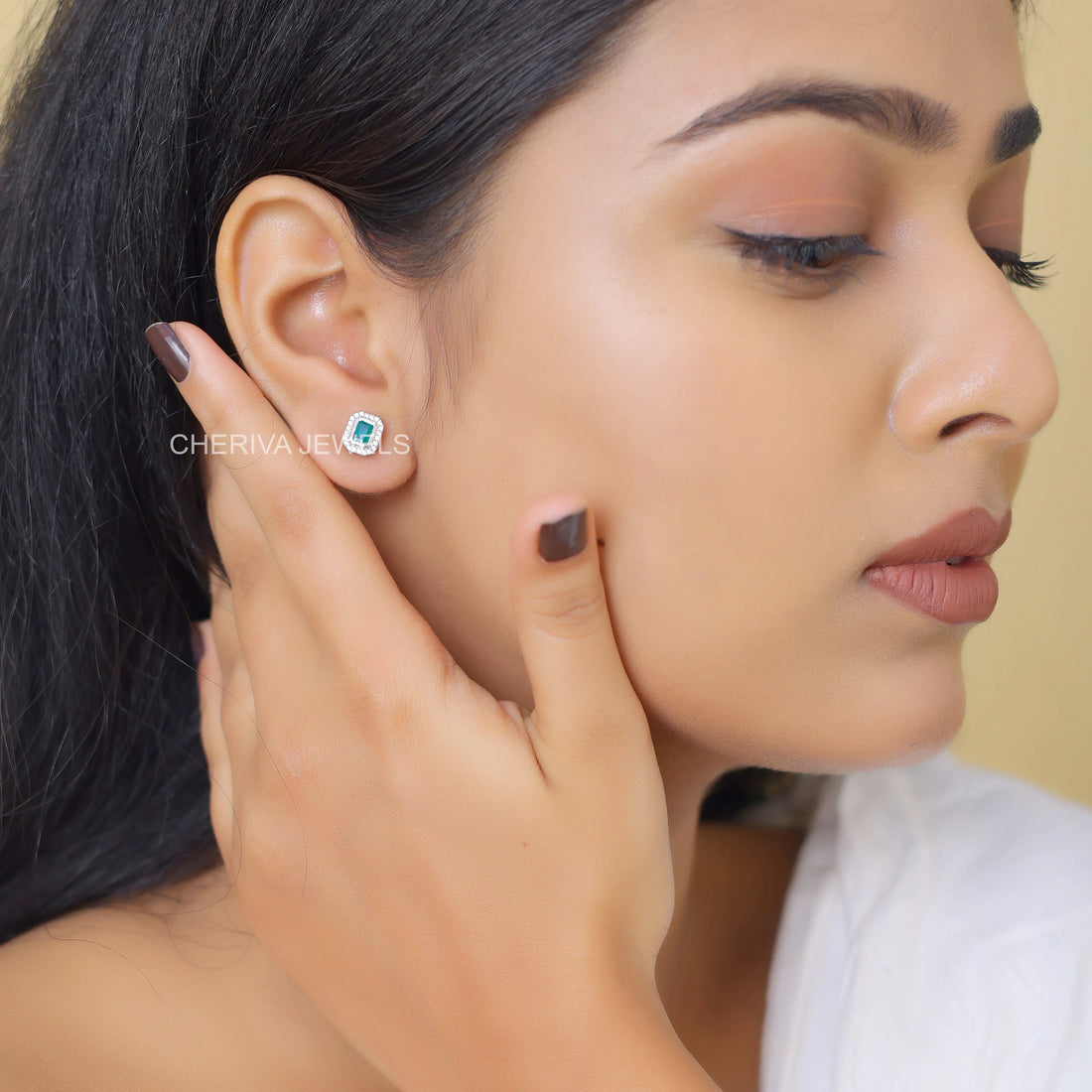 Green Emerald Gemstone Round Diamond Halo Stud Earring
