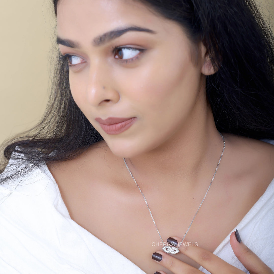 Round Cut Diamond Evil Eye Pendant in White Gold