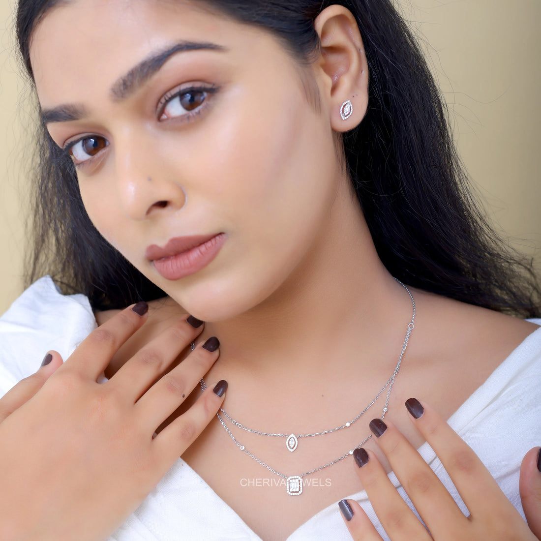 Double Layer Diamond Pendant With Stud Earrings