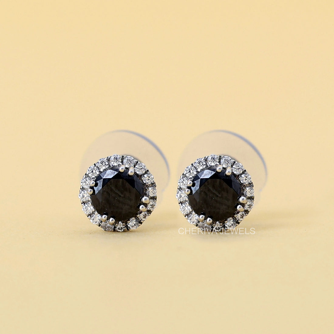 Round Cut Black Diamond Halo Stud Earring