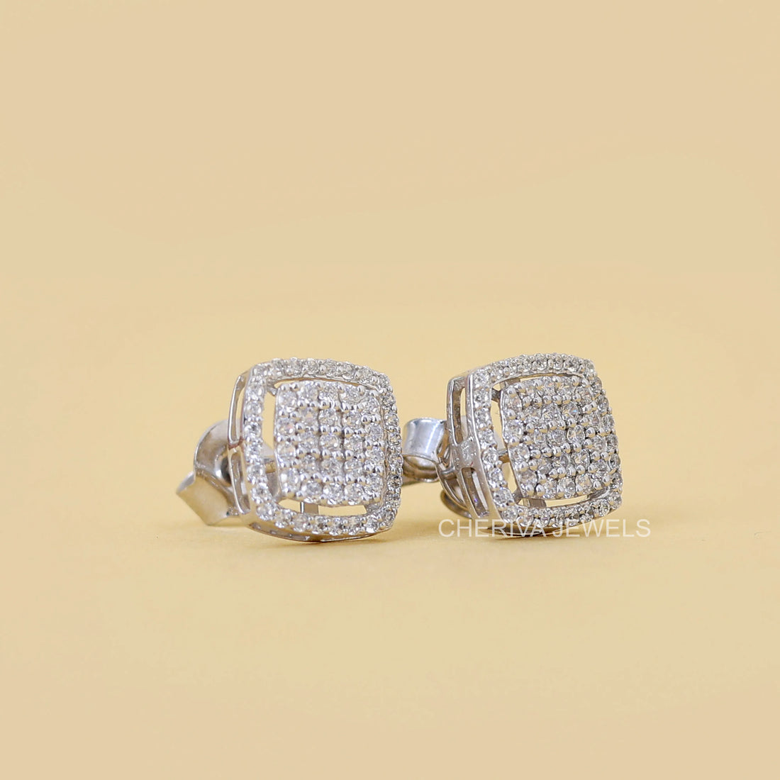 18K White Gold Round Diamond Square Stud Earrings