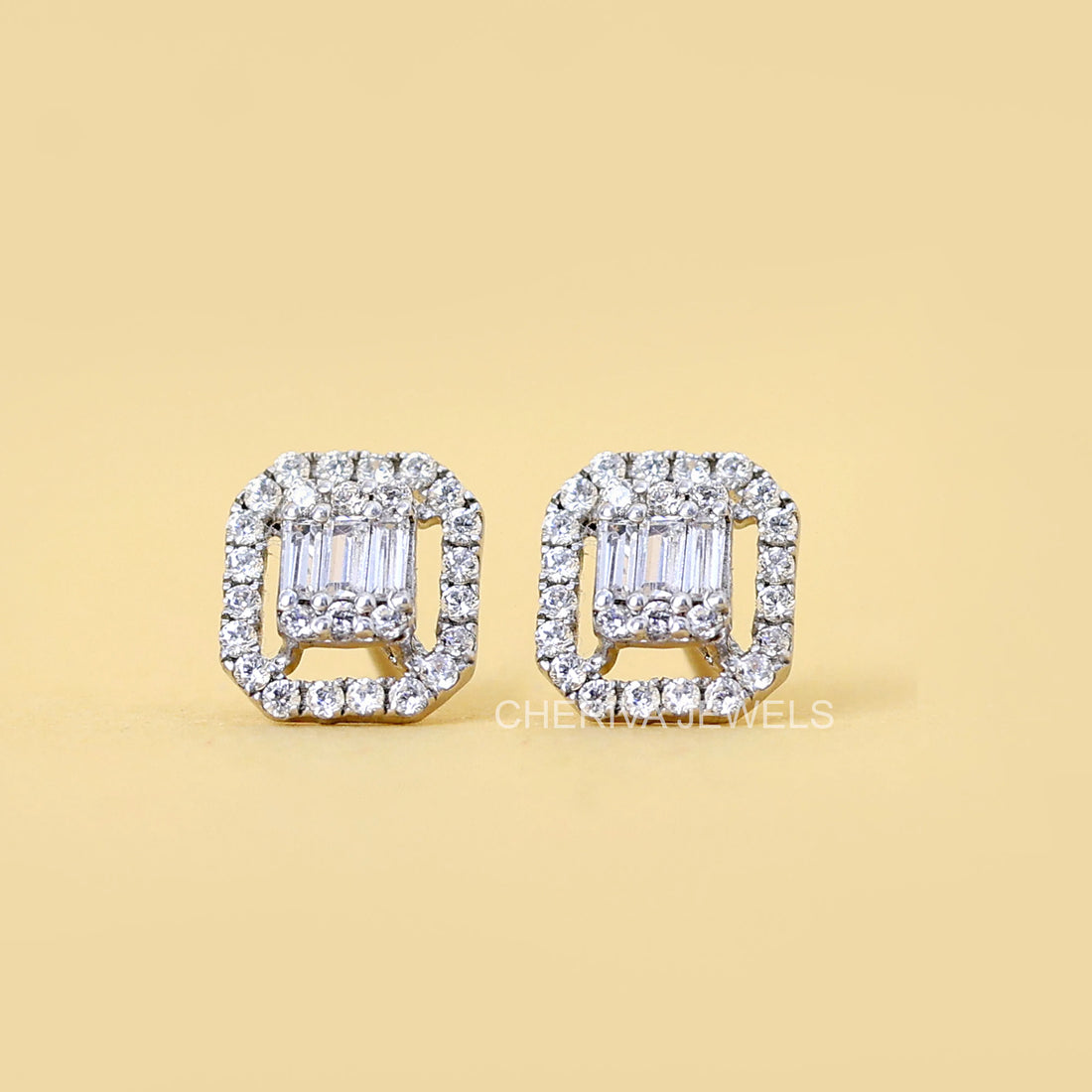 Baguette and Round Diamond Halo Stud Earrings
