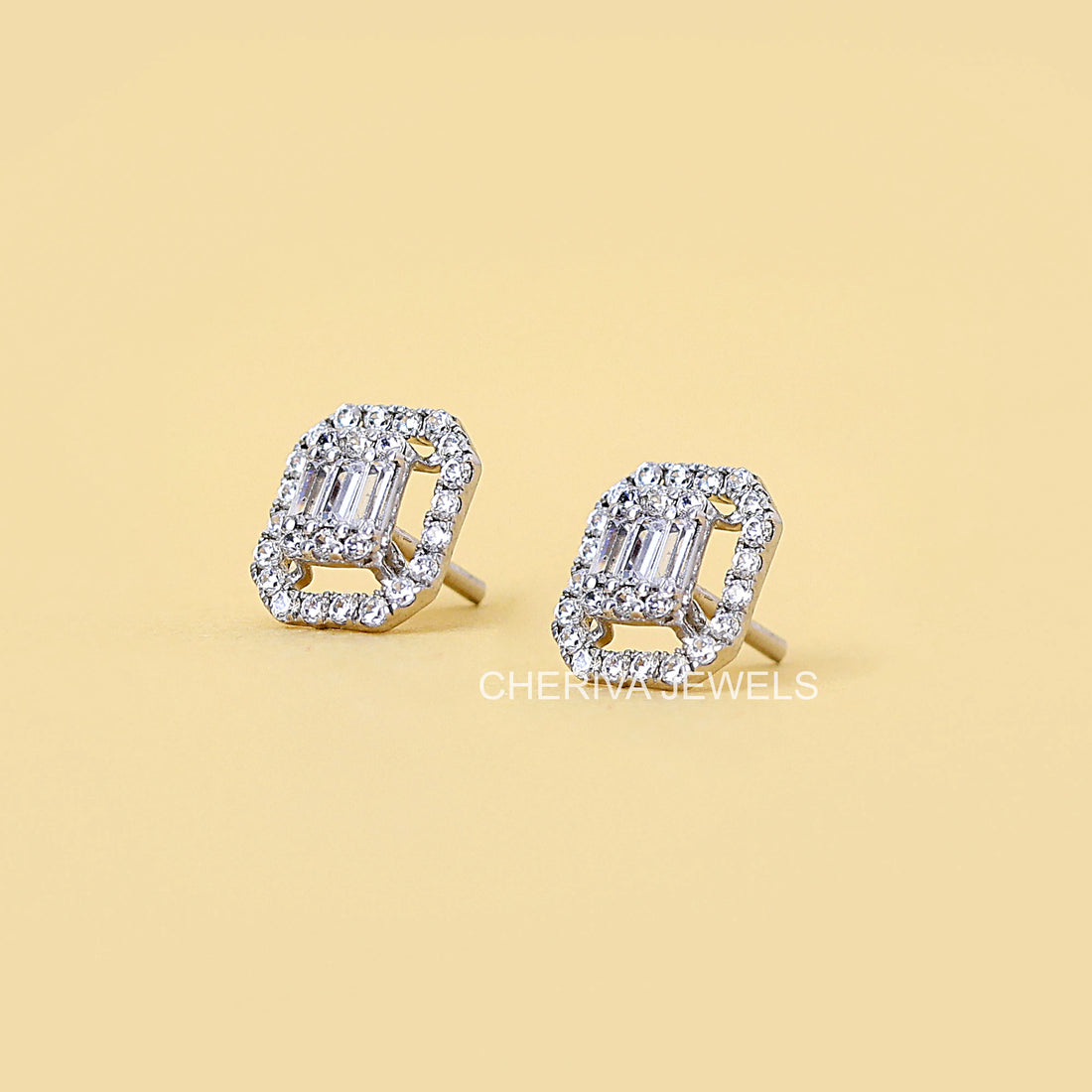 Baguette and Round Diamond Halo Stud Earrings