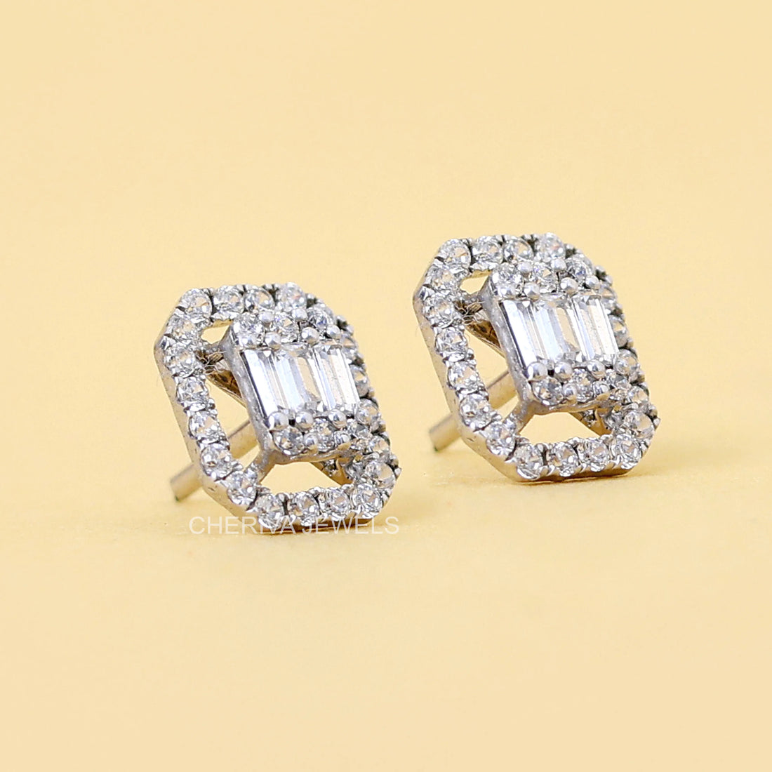 Baguette and Round Diamond Halo Stud Earrings