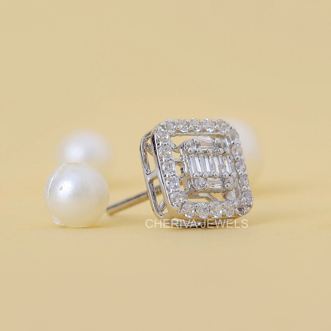 Baguette Cut Lab Diamond Halo Stud Earring