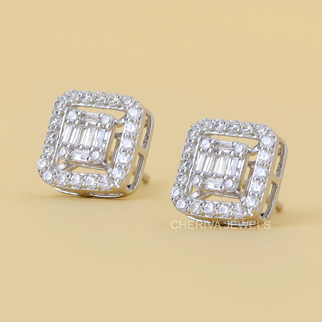 Baguette Cut Lab Diamond Halo Stud Earring