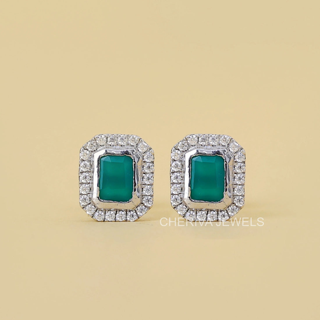 Green Emerald Gemstone Round Diamond Halo Stud Earring