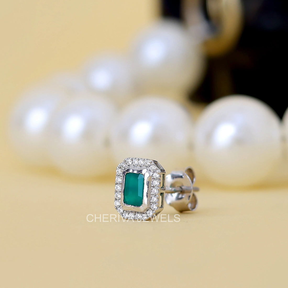 Green Emerald Gemstone Round Diamond Halo Stud Earring