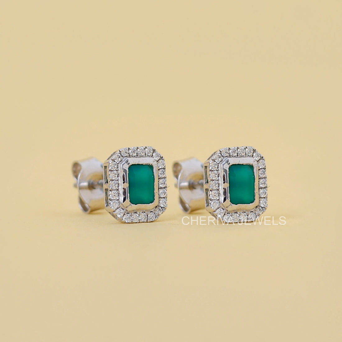 Green Emerald Gemstone Round Diamond Halo Stud Earring