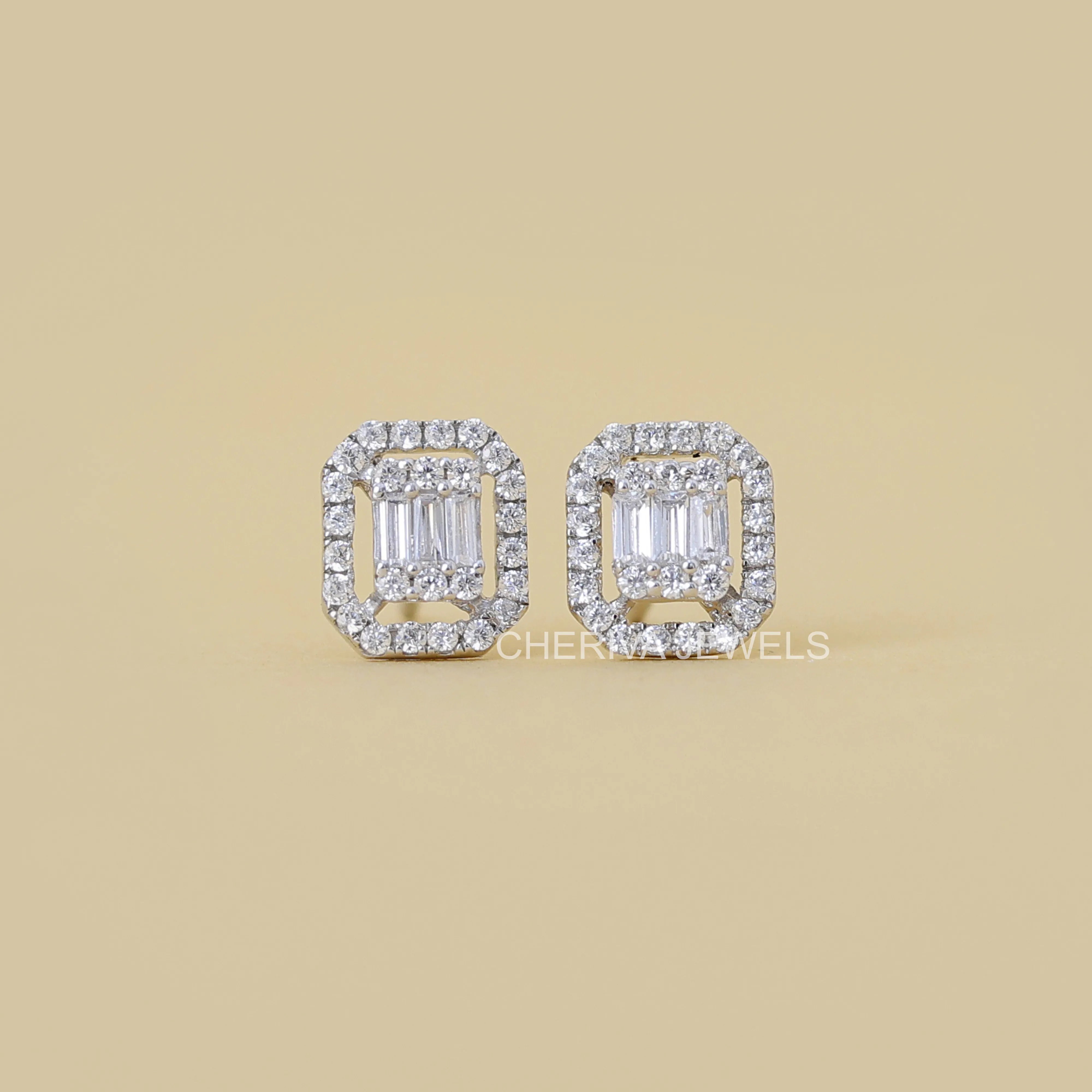 Round And Baguette Diamond Square Earrings