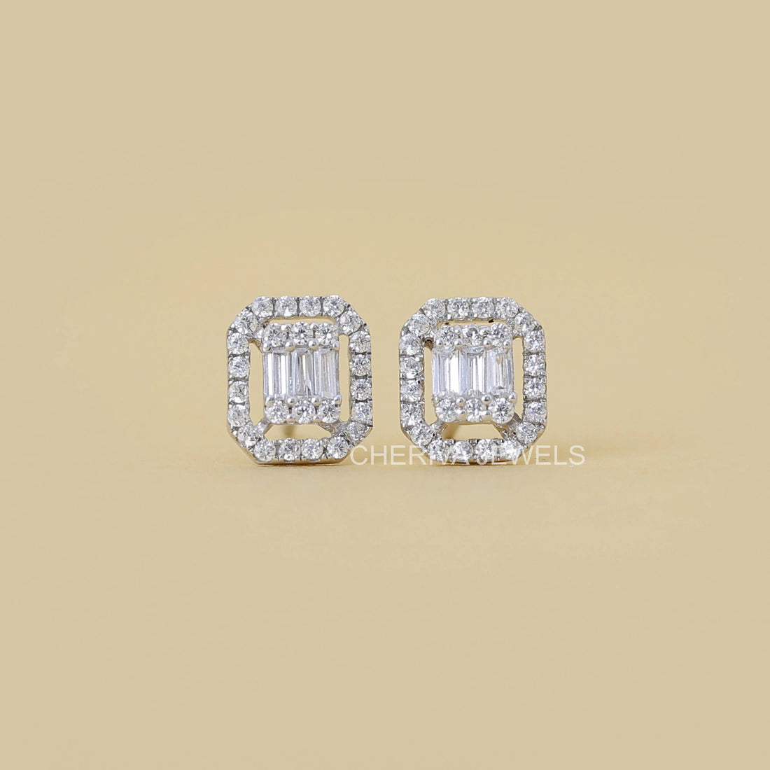 Round And Baguette Diamond Square Earrings