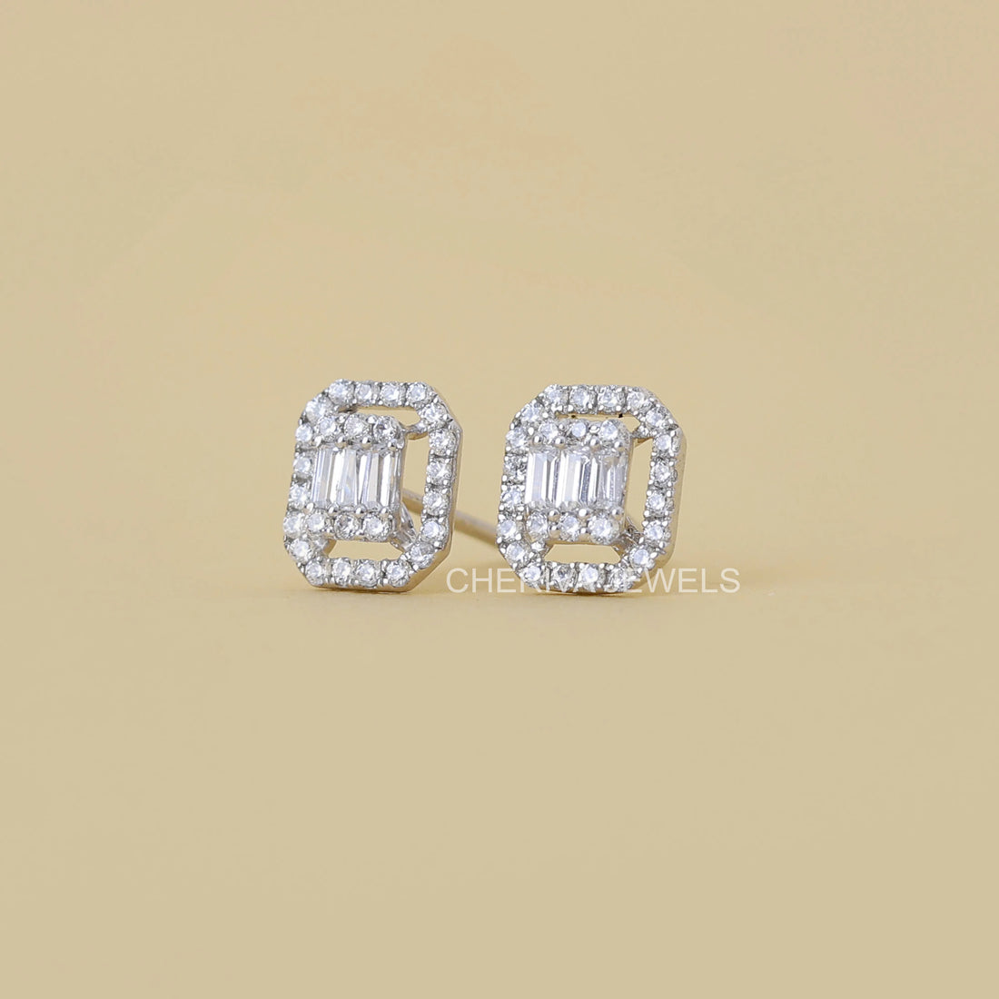 Round And Baguette Diamond Square Earrings