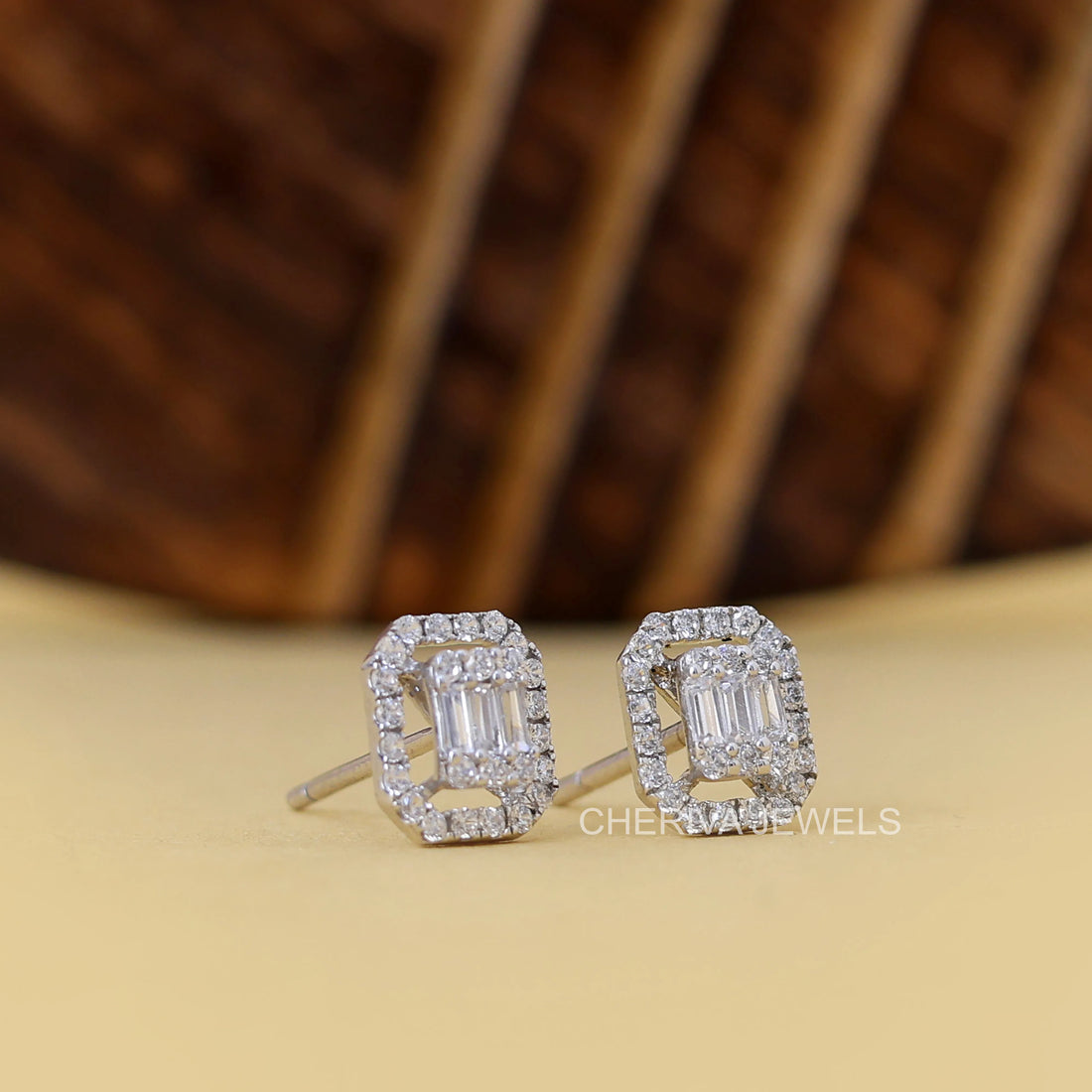 Round And Baguette Diamond Square Earrings