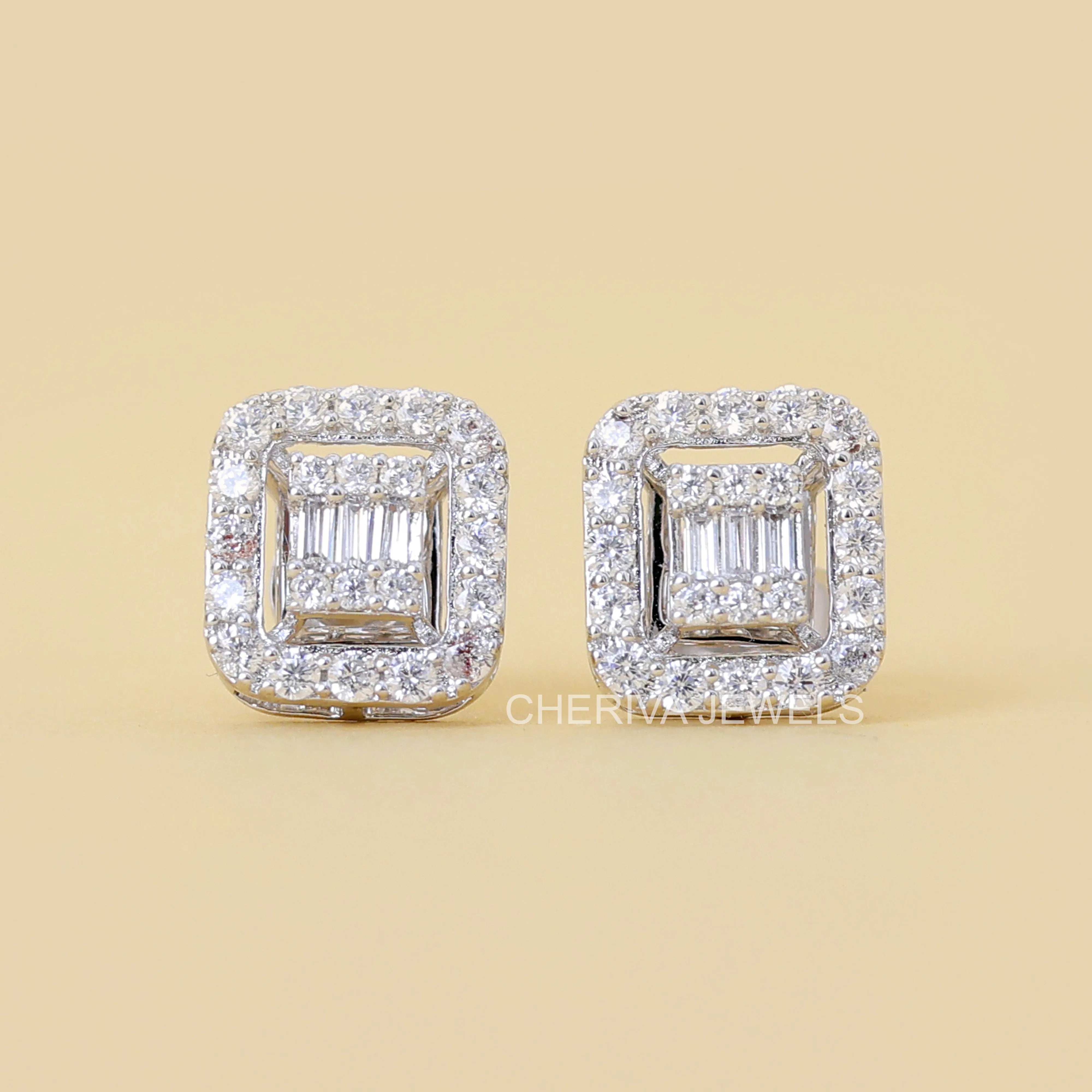 Round and Baguette Cut Lab Diamond Studs For Gift