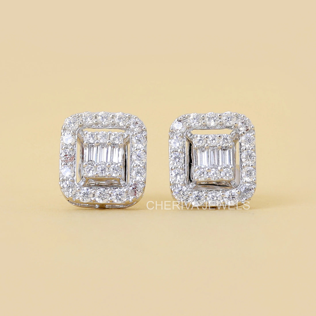 Round and Baguette Cut Lab Diamond Studs For Gift