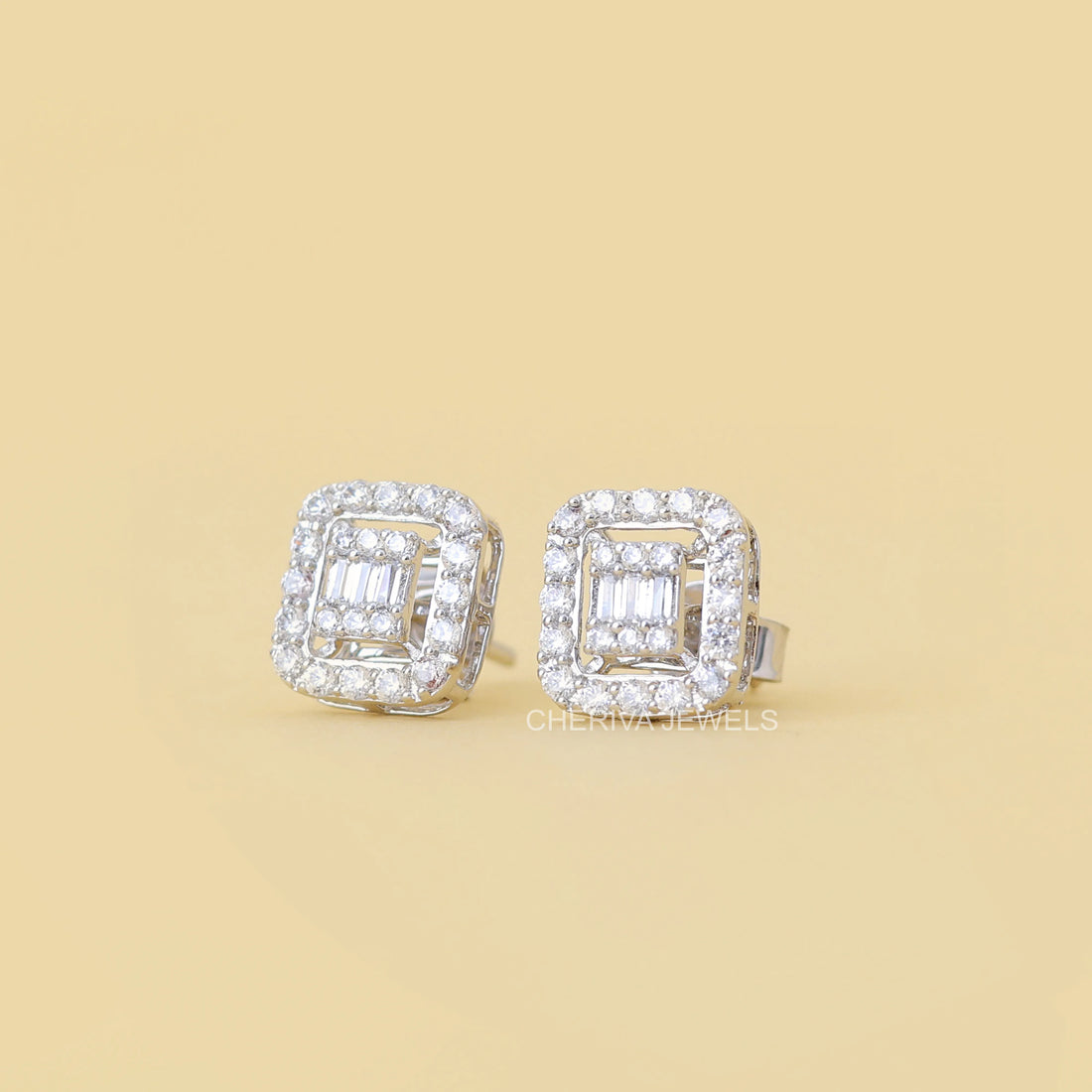 Round and Baguette Cut Lab Diamond Studs For Gift