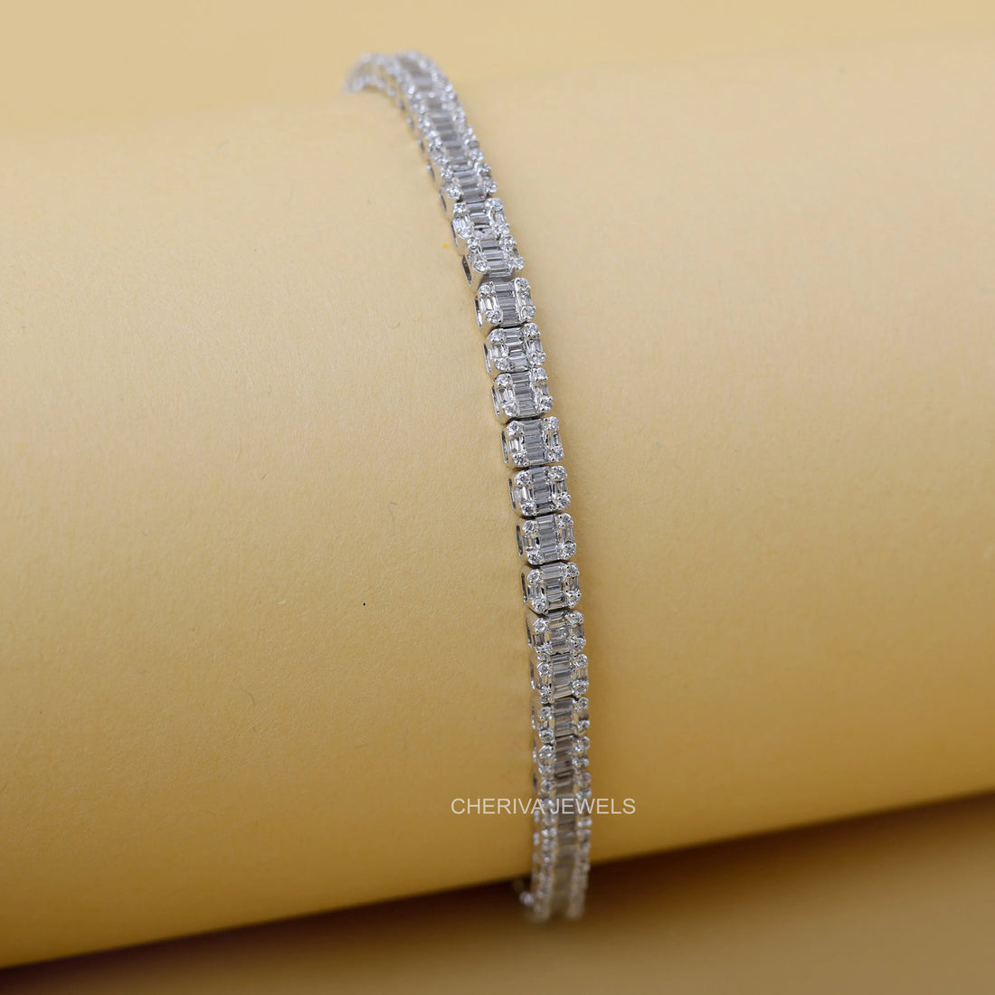 Round and Baguette Cut Diamond Tennis Bracelet