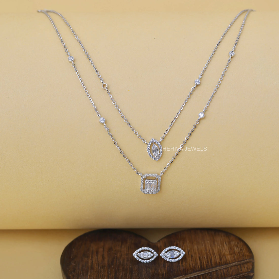 Double Layer Diamond Pendant With Stud Earrings